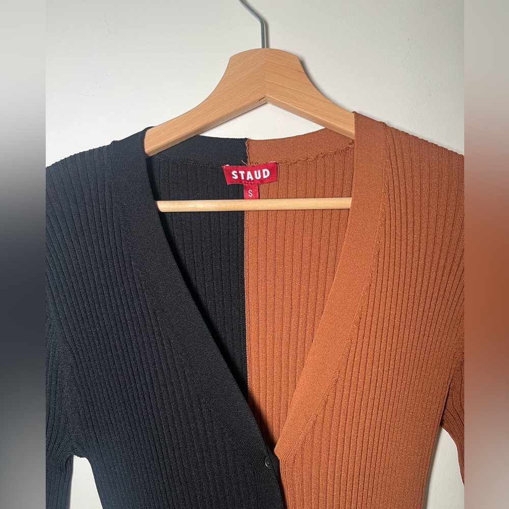 STAUD SHOKO COLORBLOCK RIB KNIT DRESS IN TAN AND BLACK SIZE S - Picture 6 of 8